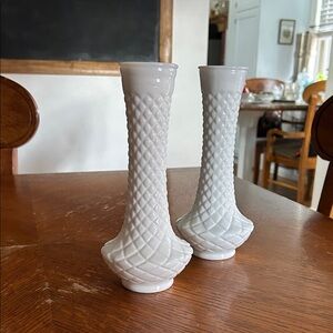 White Diamond-Pattern Milk Glass Bud Vases - Set of 2